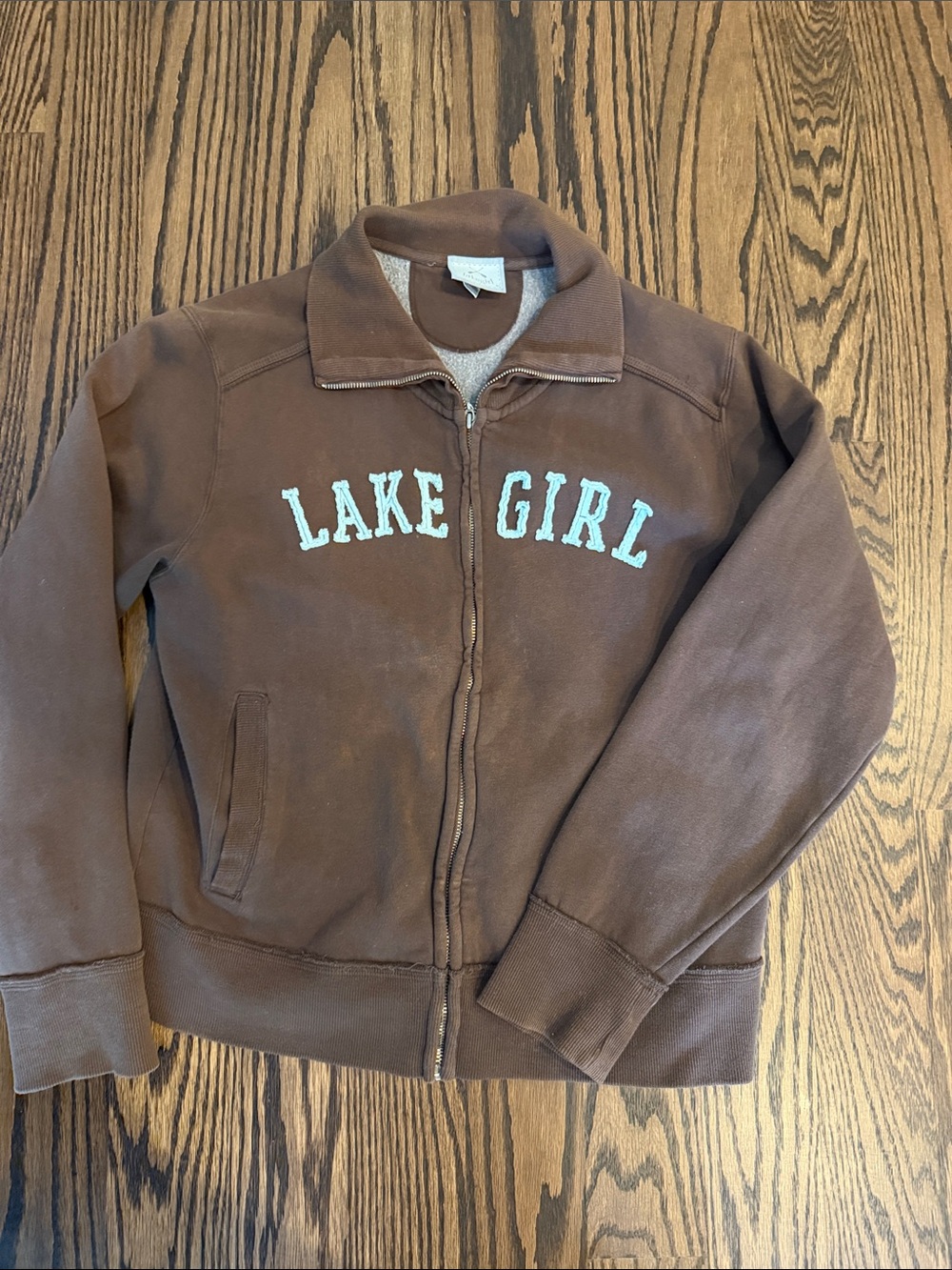 Women’s Brown Zip-Up Sweatshirt Jacket with 'LAKE GIRL' Blue Embroidery